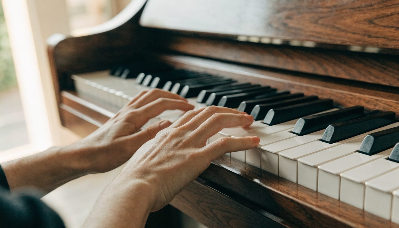 Close view from above of an adult's two hands playing the white and black keys of a dark wood upright piano, with daylight from a window behind.
